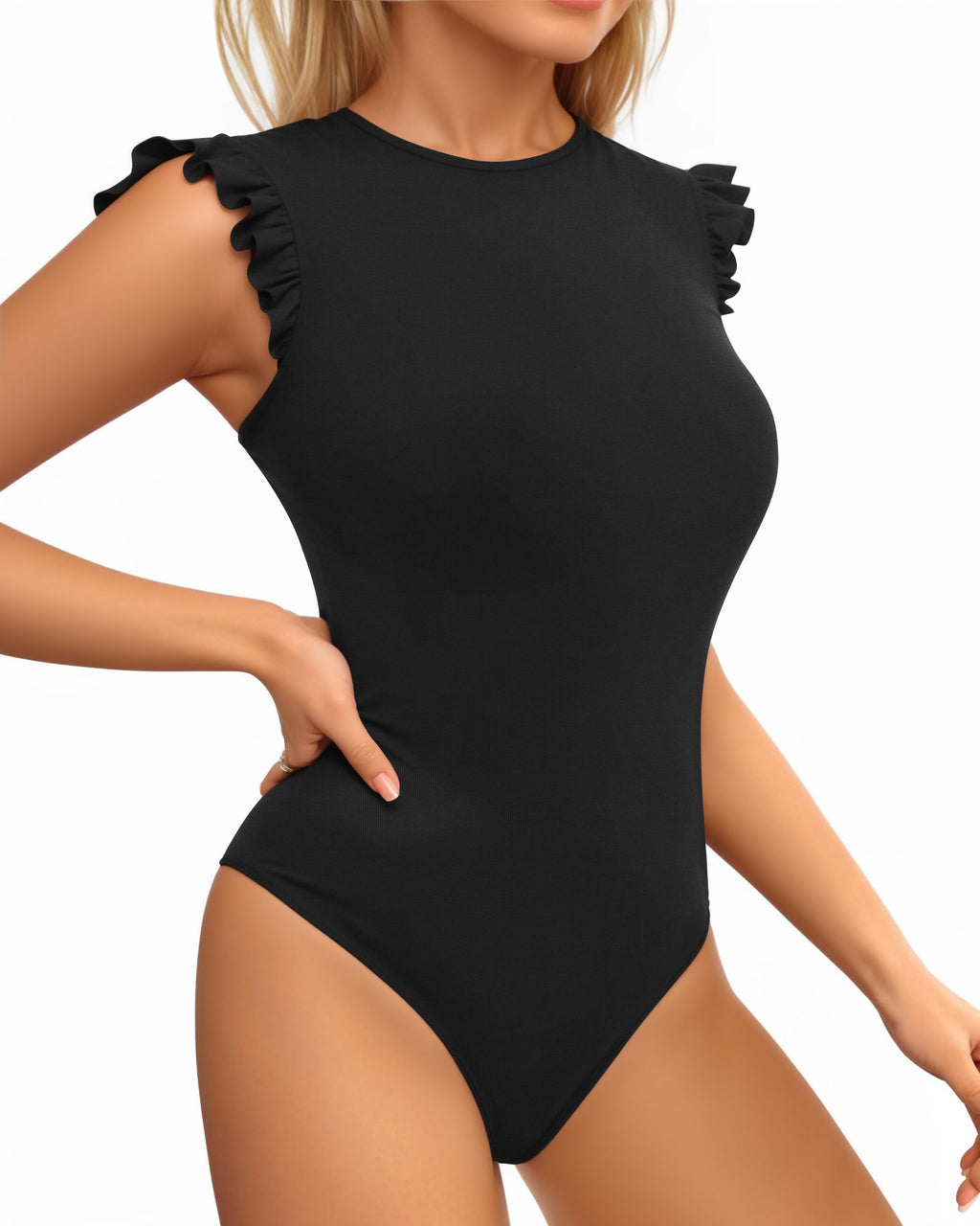 MANGOPOP Women's Body Suits Cute Crew Neck Ruffle Sleeveless Slim Fit Bodysuit Tank Tops Tight Casual Sexy