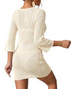 MANGOPOP Women's Crochet Swimsuit Cover Up 3/4 Sleeve Bathing Suit Cover Ups Knit Cutout Vacation Beach Coverup Dress