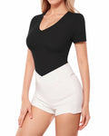 MANGOPOP Women's V Neck Short Sleeve Long Sleeve Slim Fit T Shirt Tunic Tops Tee