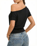 MANGOPOP Off The Shoulder Tops for Women Short Sleeve Asymmetrical Cinched Waist Casual Loose Going Out Trendy Y2k Tops 2026