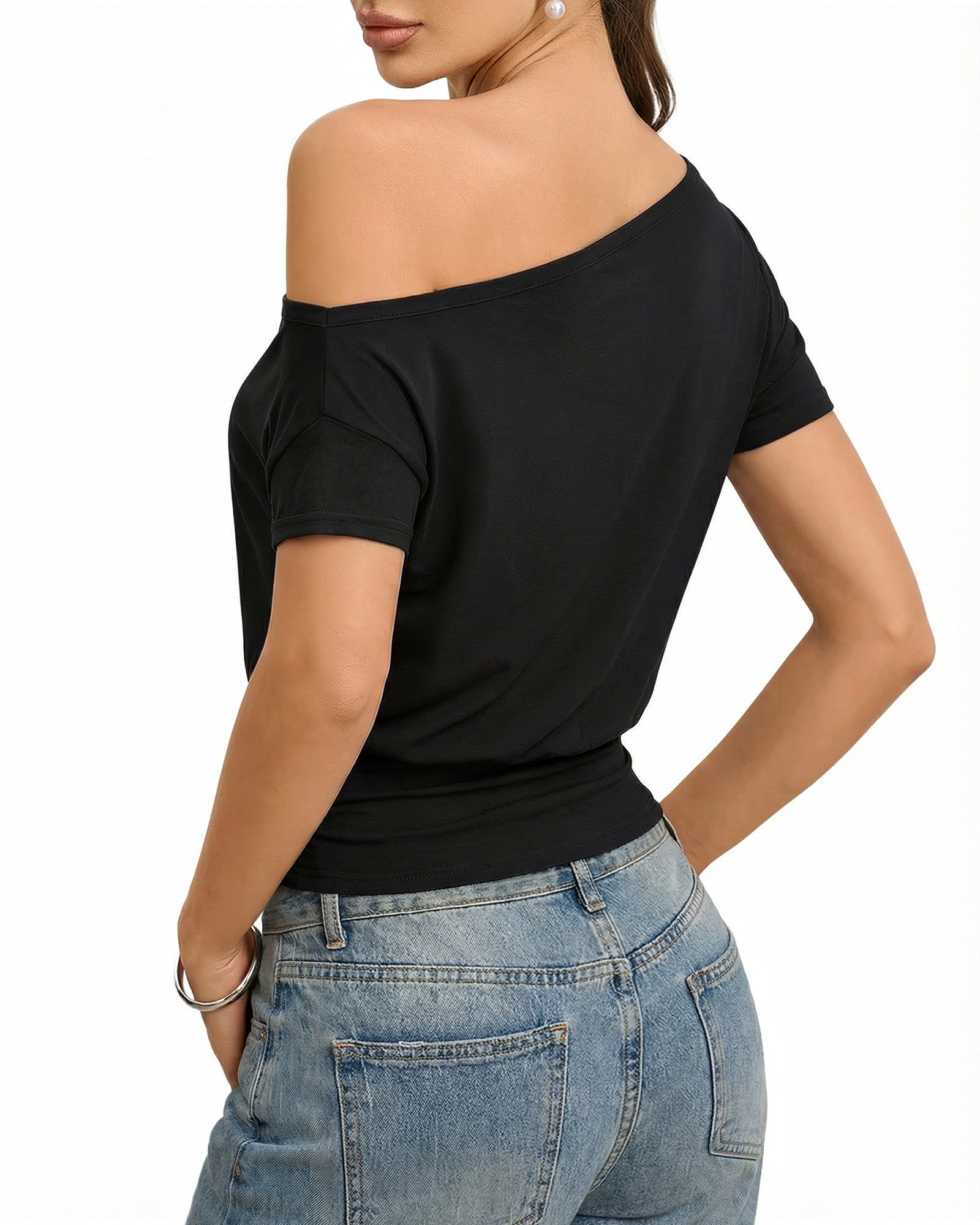 MANGOPOP Off The Shoulder Tops for Women Short Sleeve Asymmetrical Cinched Waist Casual Loose Going Out Trendy Y2k Tops 2026