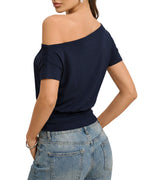 MANGOPOP Off The Shoulder Tops for Women Short Sleeve Asymmetrical Cinched Waist Casual Loose Going Out Trendy Y2k Tops 2026