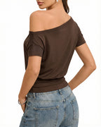 MANGOPOP Off The Shoulder Tops for Women Short Sleeve Asymmetrical Cinched Waist Casual Loose Going Out Trendy Y2k Tops 2026