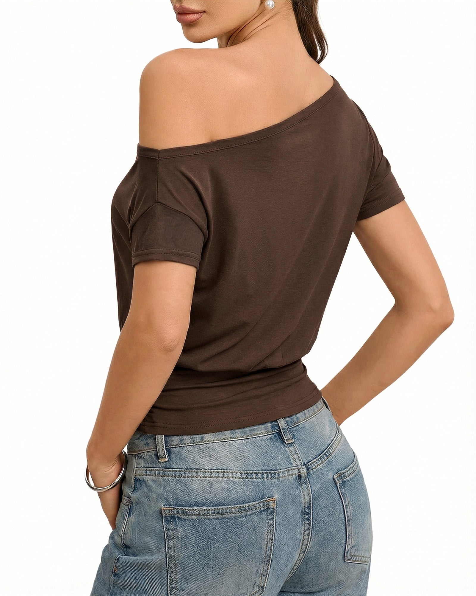 MANGOPOP Off The Shoulder Tops for Women Short Sleeve Asymmetrical Cinched Waist Casual Loose Going Out Trendy Y2k Tops 2026