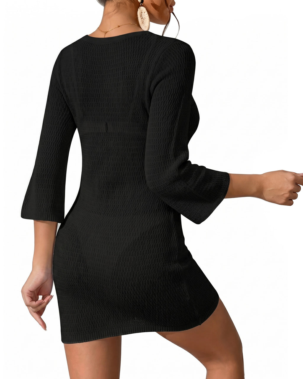MANGOPOP Women's Crochet Swimsuit Cover Up 3/4 Sleeve Bathing Suit Cover Ups Knit Cutout Vacation Beach Coverup Dress