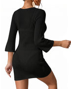 MANGOPOP Women's Crochet Swimsuit Cover Up 3/4 Sleeve Bathing Suit Cover Ups Knit Cutout Vacation Beach Coverup Dress