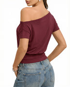 MANGOPOP Off The Shoulder Tops for Women Short Sleeve Asymmetrical Cinched Waist Casual Loose Going Out Trendy Y2k Tops 2026