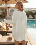 MANGOPOP Womens Swimsuit Cover Up Shirt V Neck 3/4 Sleeve Bathing Suit Coverup 2026 Summer Vacation Beach Cover Ups Outfits