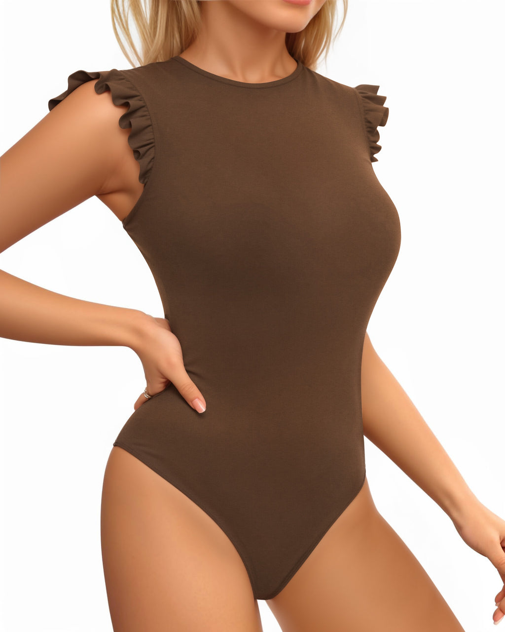 MANGOPOP Women's Body Suits Cute Crew Neck Ruffle Sleeveless Slim Fit Bodysuit Tank Tops Tight Casual Sexy