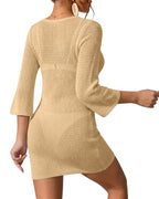 MANGOPOP Women's Crochet Swimsuit Cover Up 3/4 Sleeve Bathing Suit Cover Ups Knit Cutout Vacation Beach Coverup Dress