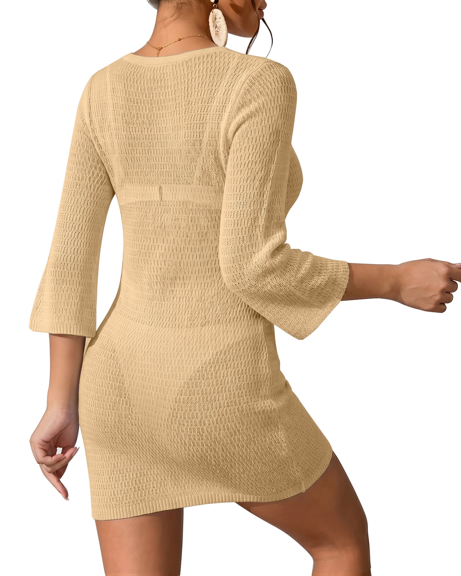 MANGOPOP Women's Crochet Swimsuit Cover Up 3/4 Sleeve Bathing Suit Cover Ups Knit Cutout Vacation Beach Coverup Dress