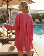 MANGOPOP Womens Swimsuit Cover Up Shirt V Neck 3/4 Sleeve Bathing Suit Coverup 2026 Summer Vacation Beach Cover Ups Outfits