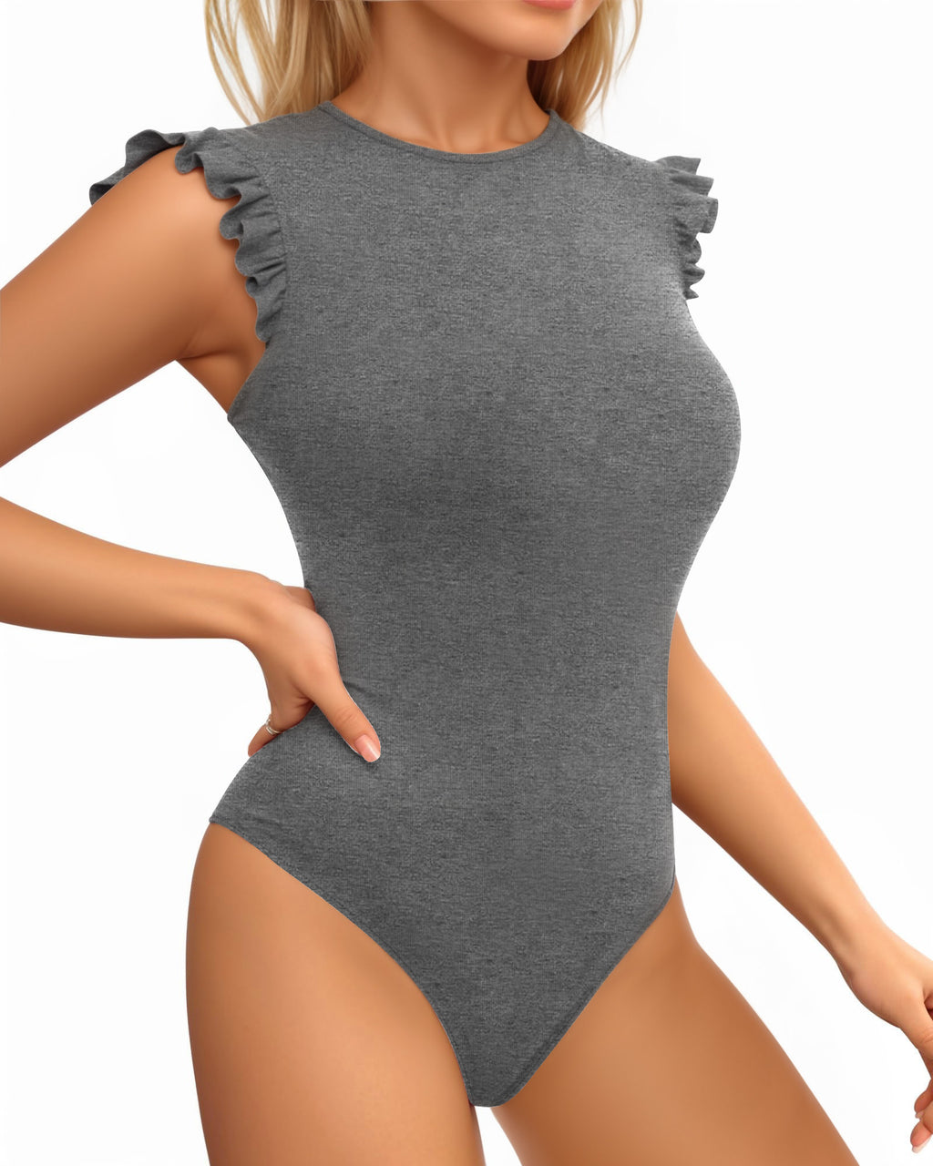 MANGOPOP Women's Body Suits Cute Crew Neck Ruffle Sleeveless Slim Fit Bodysuit Tank Tops Tight Casual Sexy
