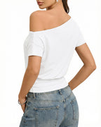 MANGOPOP Off The Shoulder Tops for Women Short Sleeve Asymmetrical Cinched Waist Casual Loose Going Out Trendy Y2k Tops 2026
