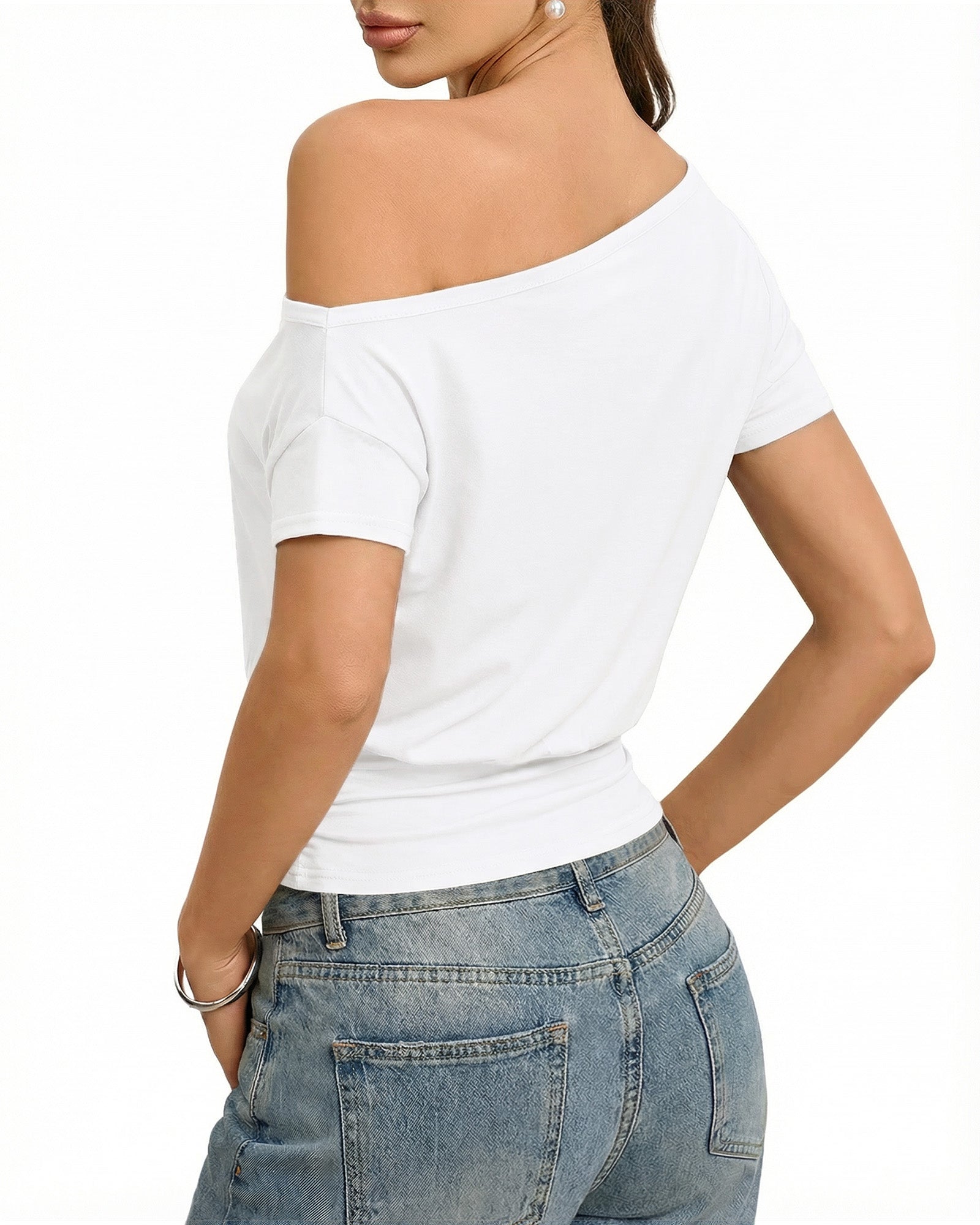 MANGOPOP Off The Shoulder Tops for Women Short Sleeve Asymmetrical Cinched Waist Casual Loose Going Out Trendy Y2k Tops 2026