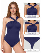 MANGOPOP Women's Twist Knot Asymmetrical Sleeveless Bodysuits Sexy Double Lined Thong Body Suit Top 2026