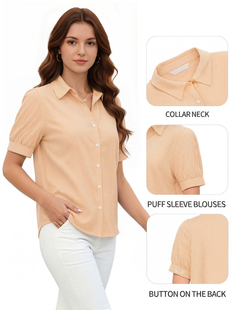 MANGOPOP Striped Button Down Shirt for Women Puff Short Sleeve Blouse Business Casual Tops Trendy 2026 Summer