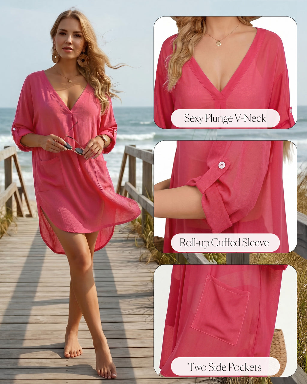 MANGOPOP Womens Swimsuit Cover Up Shirt V Neck 3/4 Sleeve Bathing Suit Coverup 2026 Summer Vacation Beach Cover Ups Outfits