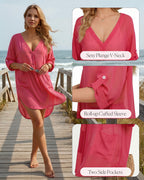 MANGOPOP Womens Swimsuit Cover Up Shirt V Neck 3/4 Sleeve Bathing Suit Coverup 2026 Summer Vacation Beach Cover Ups Outfits