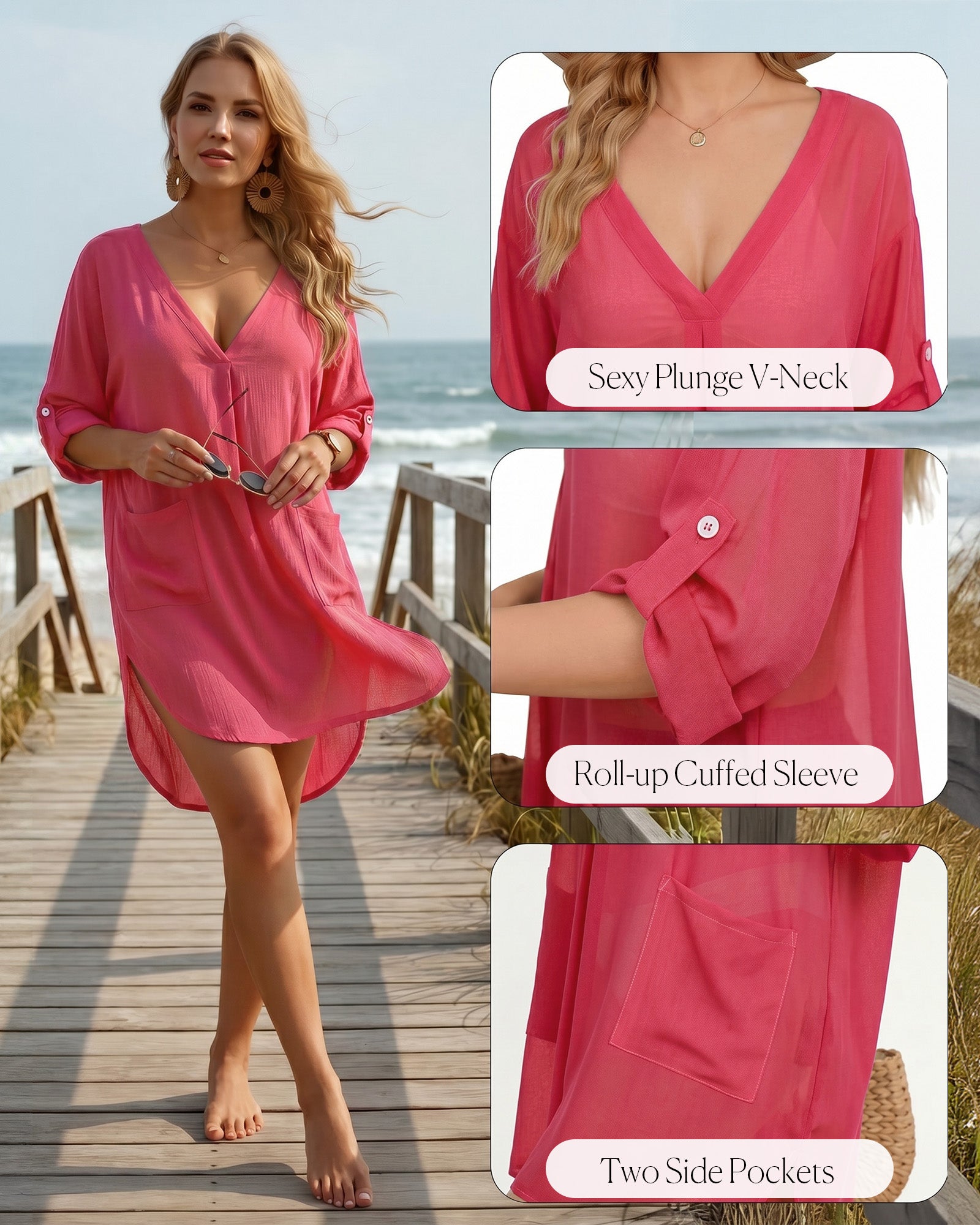 MANGOPOP Womens Swimsuit Cover Up Shirt V Neck 3/4 Sleeve Bathing Suit Coverup 2026 Summer Vacation Beach Cover Ups Outfits