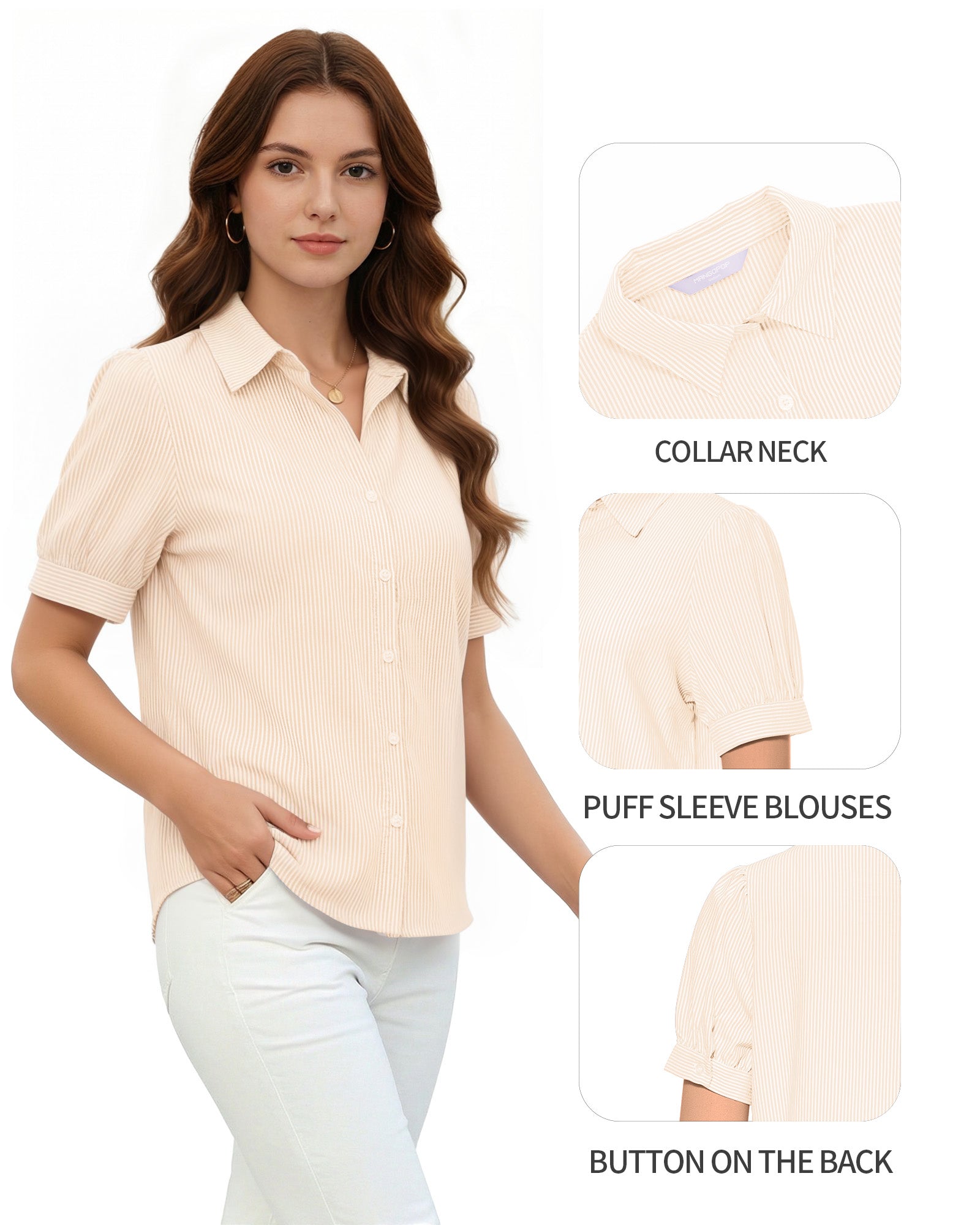 MANGOPOP Striped Button Down Shirt for Women Puff Short Sleeve Blouse Business Casual Tops Trendy 2026 Summer