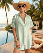 MANGOPOP Swimsuit Coverup for Women Striped Bathing Suit Cover Up Button Down Shirt Beach Cover Ups Dress 2026 Summer Outfits