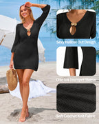 MANGOPOP Women's Crochet Swimsuit Cover Up 3/4 Sleeve Bathing Suit Cover Ups Knit Cutout Vacation Beach Coverup Dress