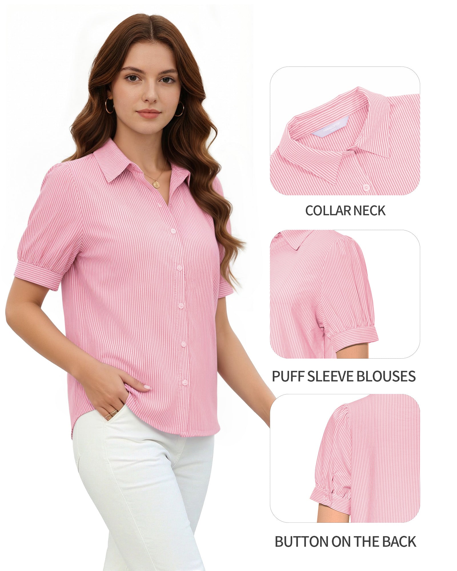 MANGOPOP Striped Button Down Shirt for Women Puff Short Sleeve Blouse Business Casual Tops Trendy 2026 Summer