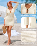 MANGOPOP Women's Crochet Swimsuit Cover Up 3/4 Sleeve Bathing Suit Cover Ups Knit Cutout Vacation Beach Coverup Dress