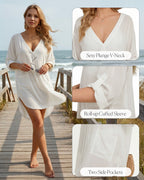MANGOPOP Womens Swimsuit Cover Up Shirt V Neck 3/4 Sleeve Bathing Suit Coverup 2026 Summer Vacation Beach Cover Ups Outfits