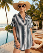 MANGOPOP Swimsuit Coverup for Women Striped Bathing Suit Cover Up Button Down Shirt Beach Cover Ups Dress 2026 Summer Outfits