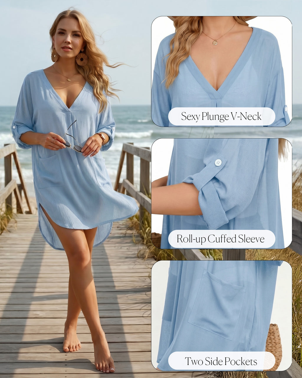 MANGOPOP Womens Swimsuit Cover Up Shirt V Neck 3/4 Sleeve Bathing Suit Coverup 2026 Summer Vacation Beach Cover Ups Outfits