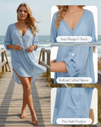 MANGOPOP Womens Swimsuit Cover Up Shirt V Neck 3/4 Sleeve Bathing Suit Coverup 2026 Summer Vacation Beach Cover Ups Outfits