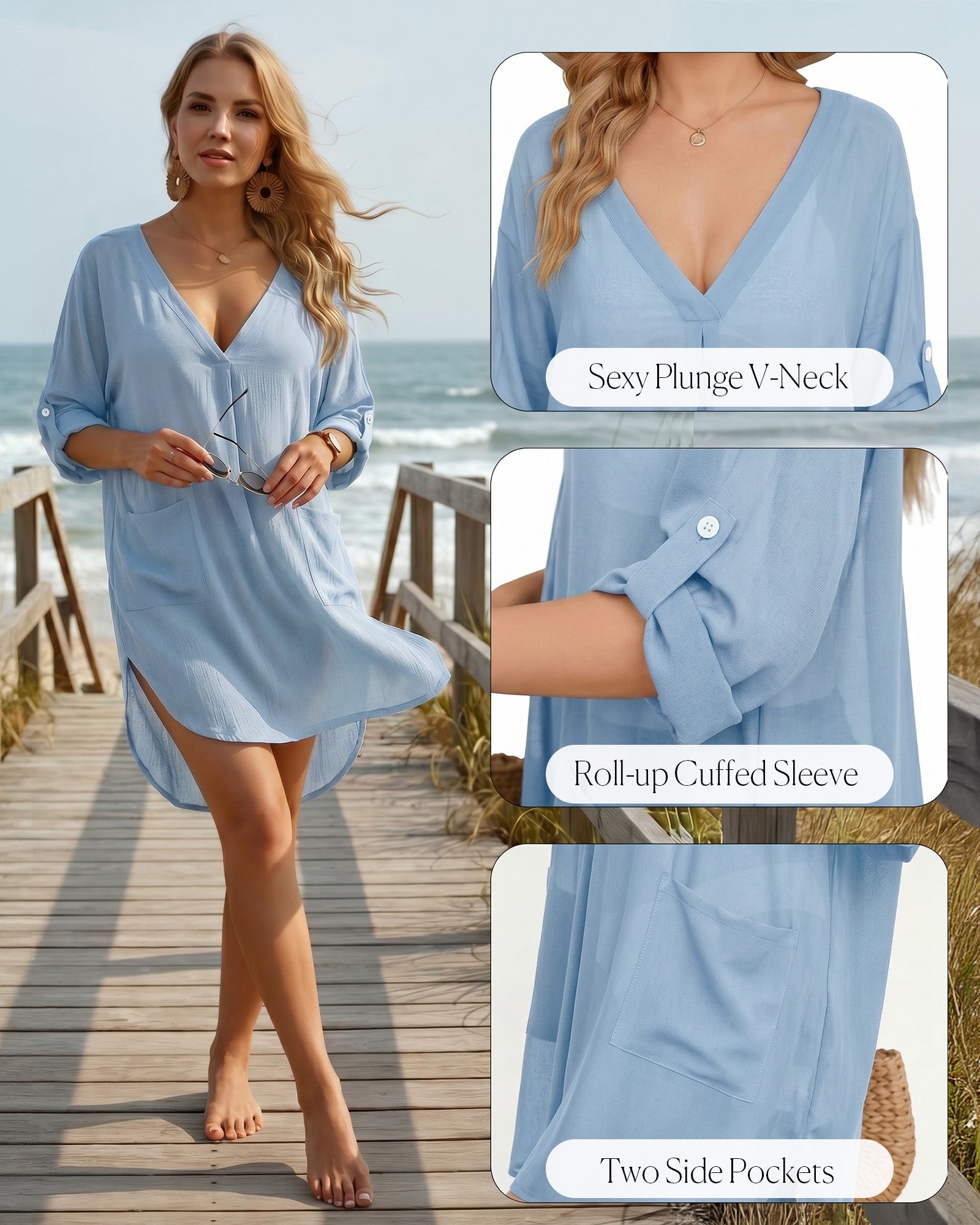 MANGOPOP Womens Swimsuit Cover Up Shirt V Neck 3/4 Sleeve Bathing Suit Coverup 2026 Summer Vacation Beach Cover Ups Outfits
