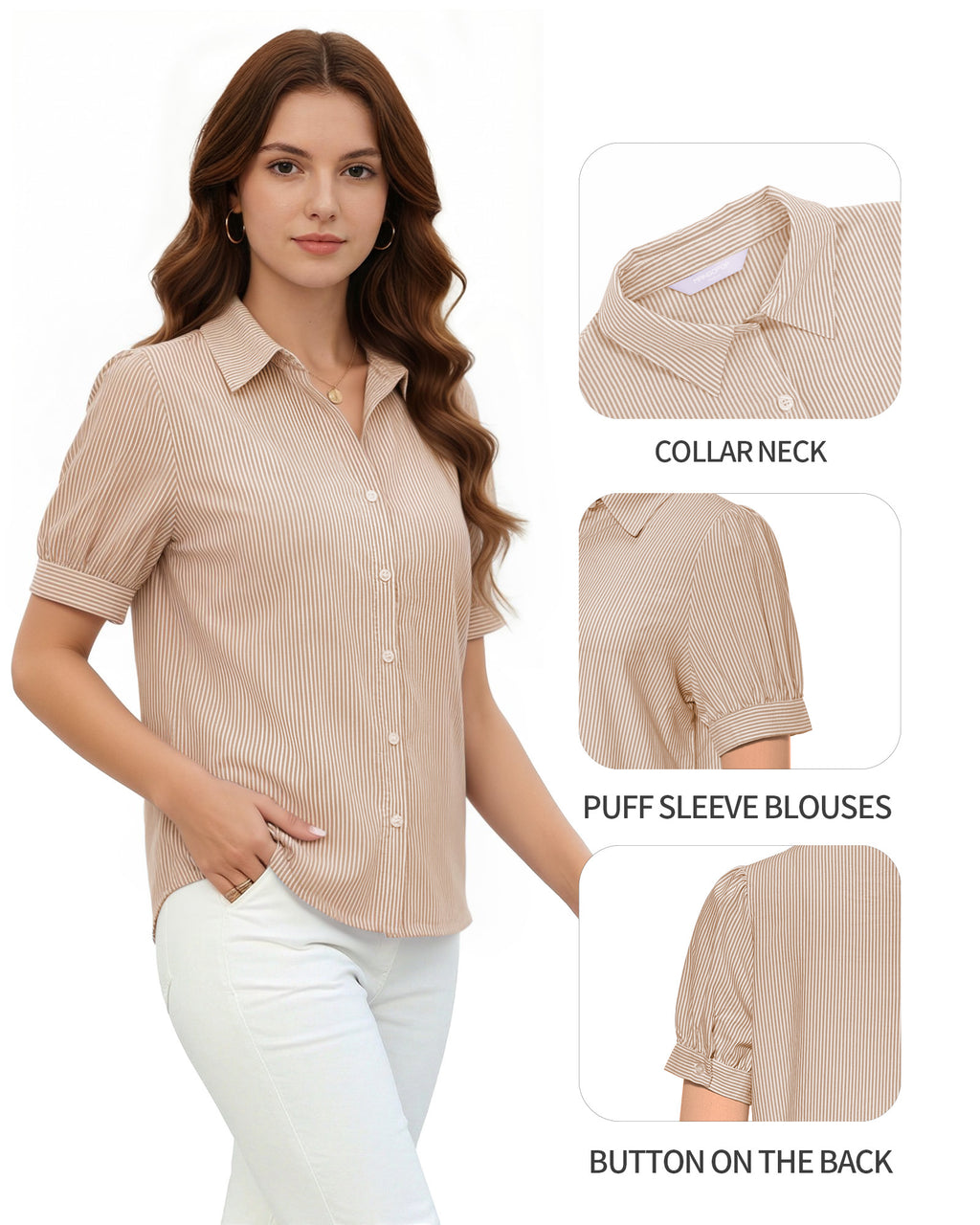 MANGOPOP Striped Button Down Shirt for Women Puff Short Sleeve Blouse Business Casual Tops Trendy 2026 Summer