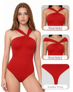 MANGOPOP Women's Twist Knot Asymmetrical Sleeveless Bodysuits Sexy Double Lined Thong Body Suit Top 2026