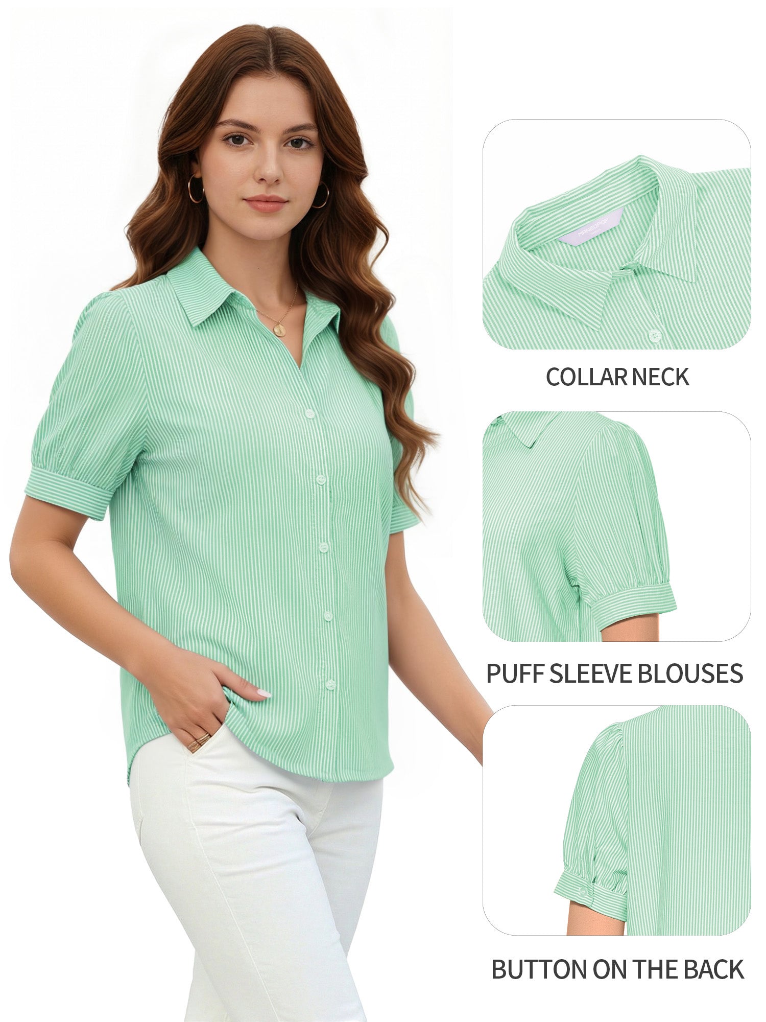 MANGOPOP Striped Button Down Shirt for Women Puff Short Sleeve Blouse Business Casual Tops Trendy 2026 Summer