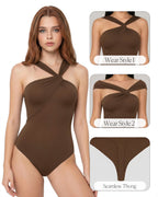 MANGOPOP Women's Twist Knot Asymmetrical Sleeveless Bodysuits Sexy Double Lined Thong Body Suit Top 2026
