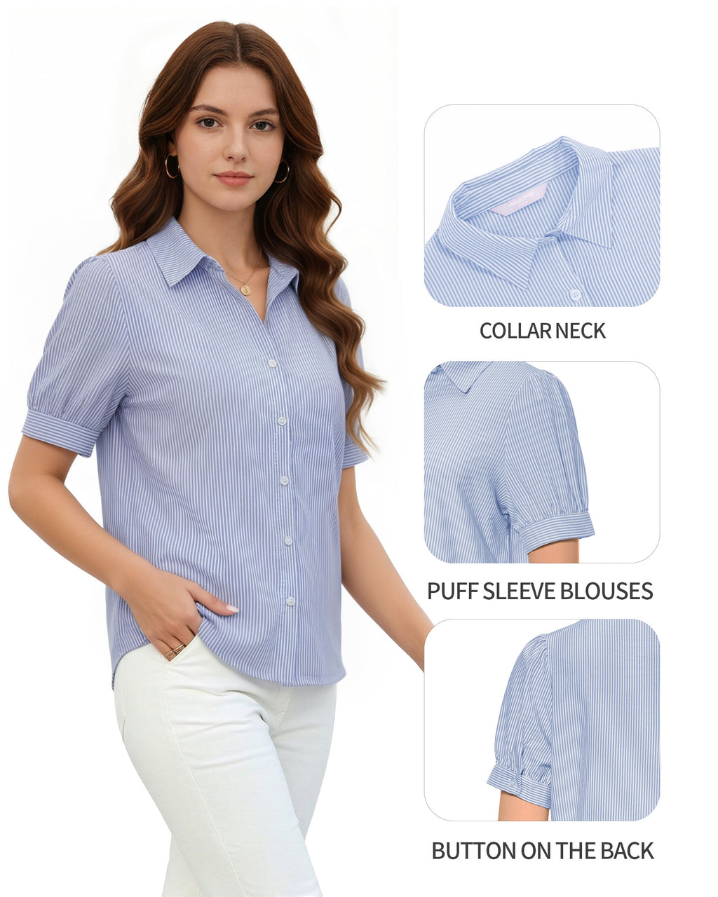 MANGOPOP Striped Button Down Shirt for Women Puff Short Sleeve Blouse Business Casual Tops Trendy 2026 Summer
