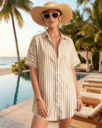 MANGOPOP Swimsuit Coverup for Women Striped Bathing Suit Cover Up Button Down Shirt Beach Cover Ups Dress 2026 Summer Outfits