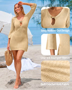 MANGOPOP Women's Crochet Swimsuit Cover Up 3/4 Sleeve Bathing Suit Cover Ups Knit Cutout Vacation Beach Coverup Dress