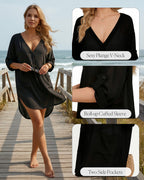 MANGOPOP Womens Swimsuit Cover Up Shirt V Neck 3/4 Sleeve Bathing Suit Coverup 2026 Summer Vacation Beach Cover Ups Outfits