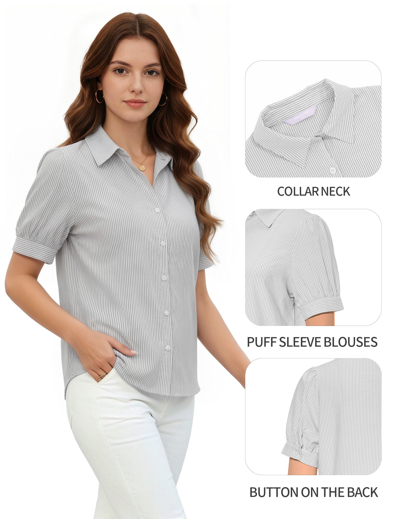 MANGOPOP Striped Button Down Shirt for Women Puff Short Sleeve Blouse Business Casual Tops Trendy 2026 Summer