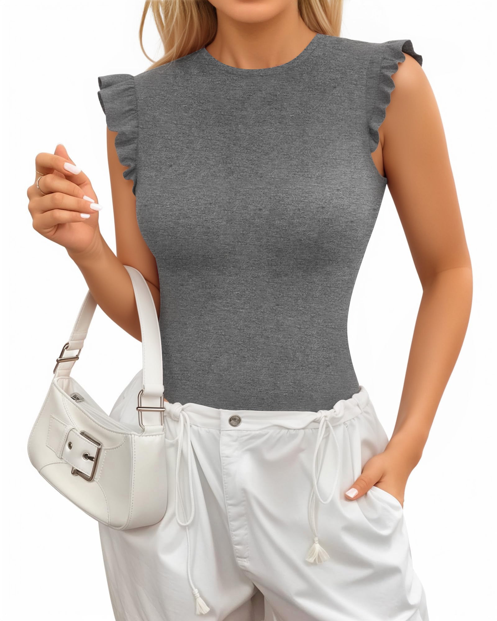 MANGOPOP Women's Body Suits Cute Crew Neck Ruffle Sleeveless Slim Fit Bodysuit Tank Tops Tight Casual Sexy