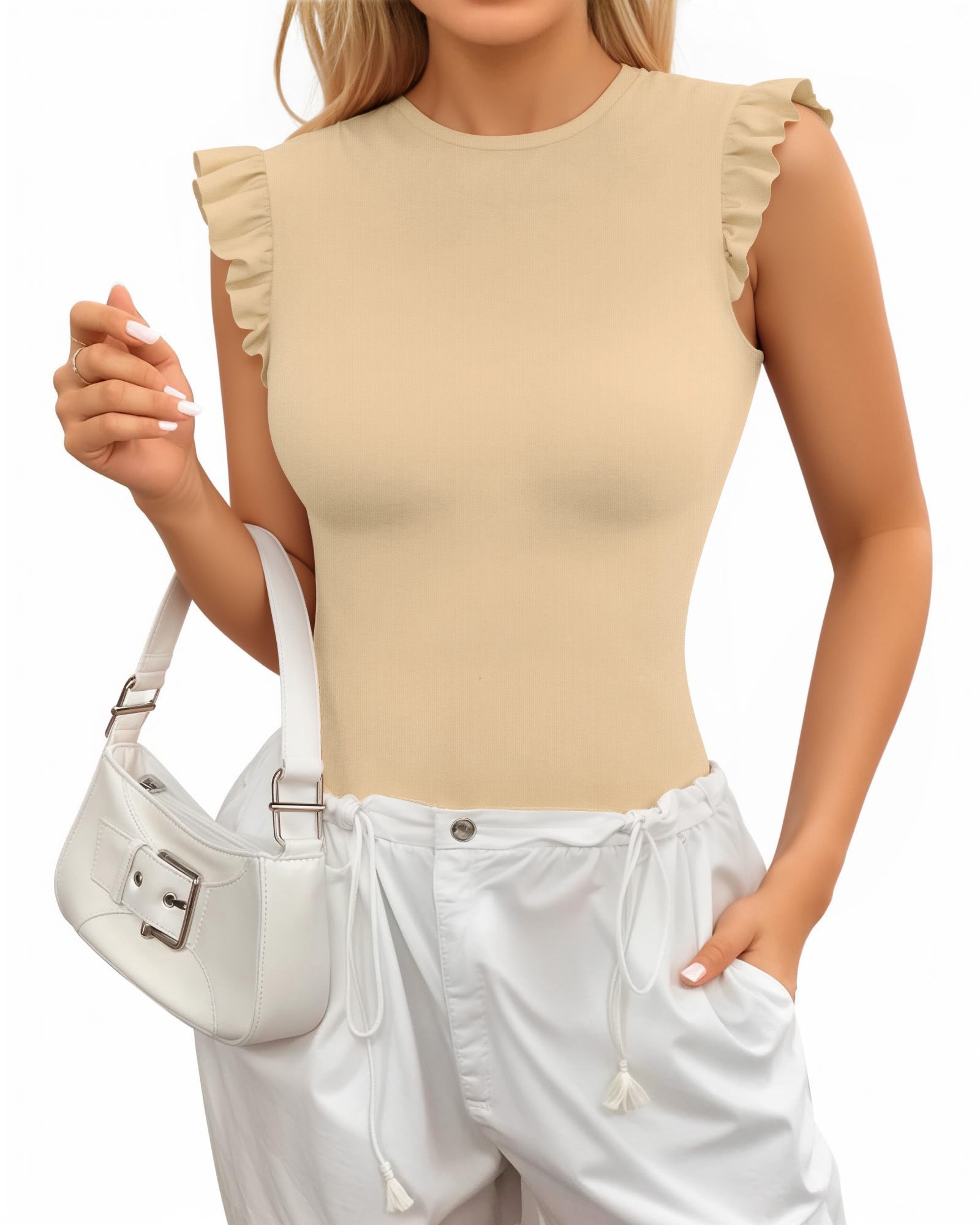 MANGOPOP Women's Body Suits Cute Crew Neck Ruffle Sleeveless Slim Fit Bodysuit Tank Tops Tight Casual Sexy