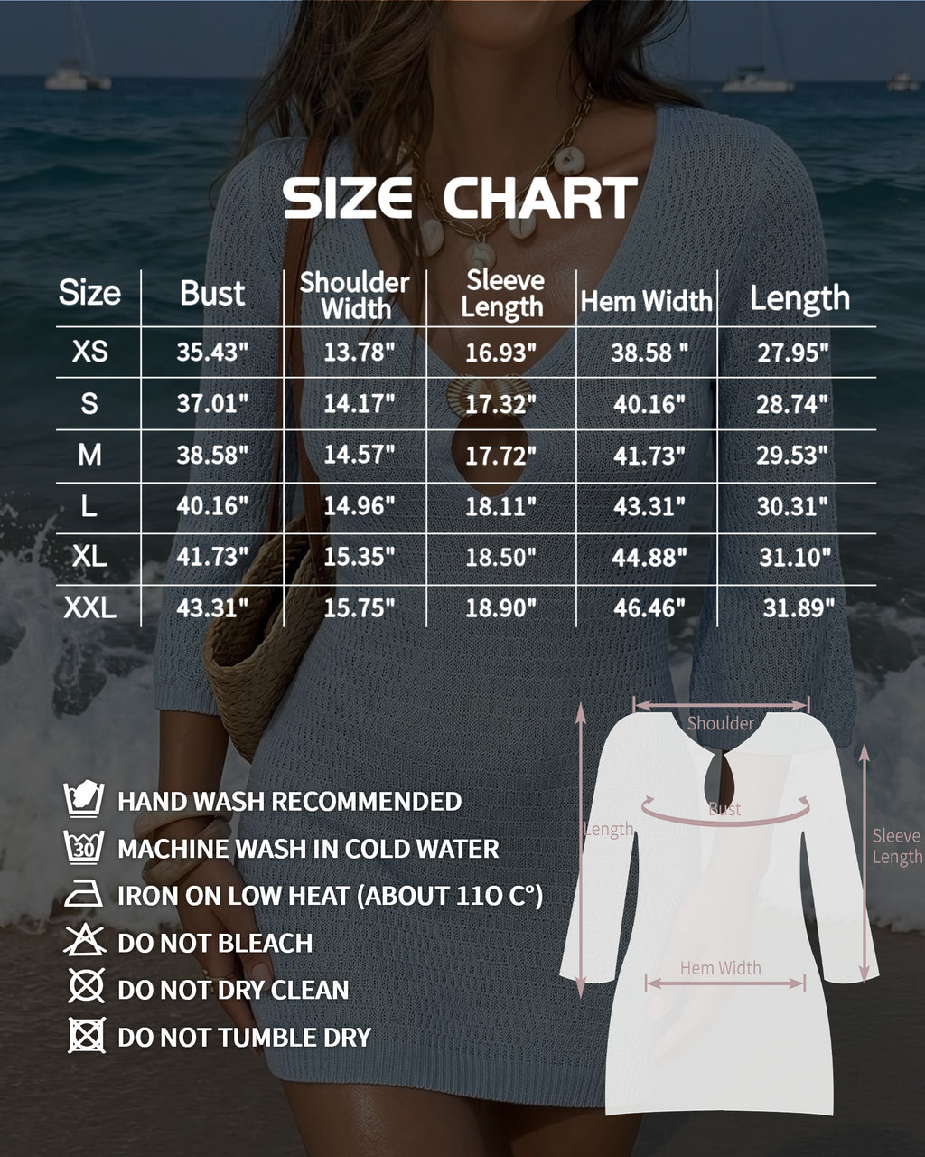 MANGOPOP Women's Crochet Swimsuit Cover Up 3/4 Sleeve Bathing Suit Cover Ups Knit Cutout Vacation Beach Coverup Dress