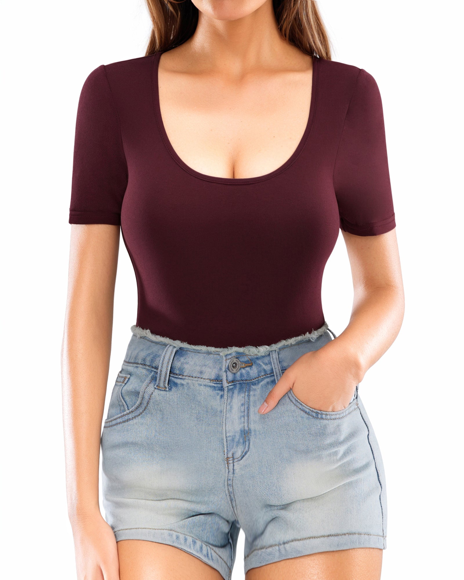 MANGOPOP Women's Summer Scoop Neck Short Sleeve Slim Fit Tunic T Shirt
