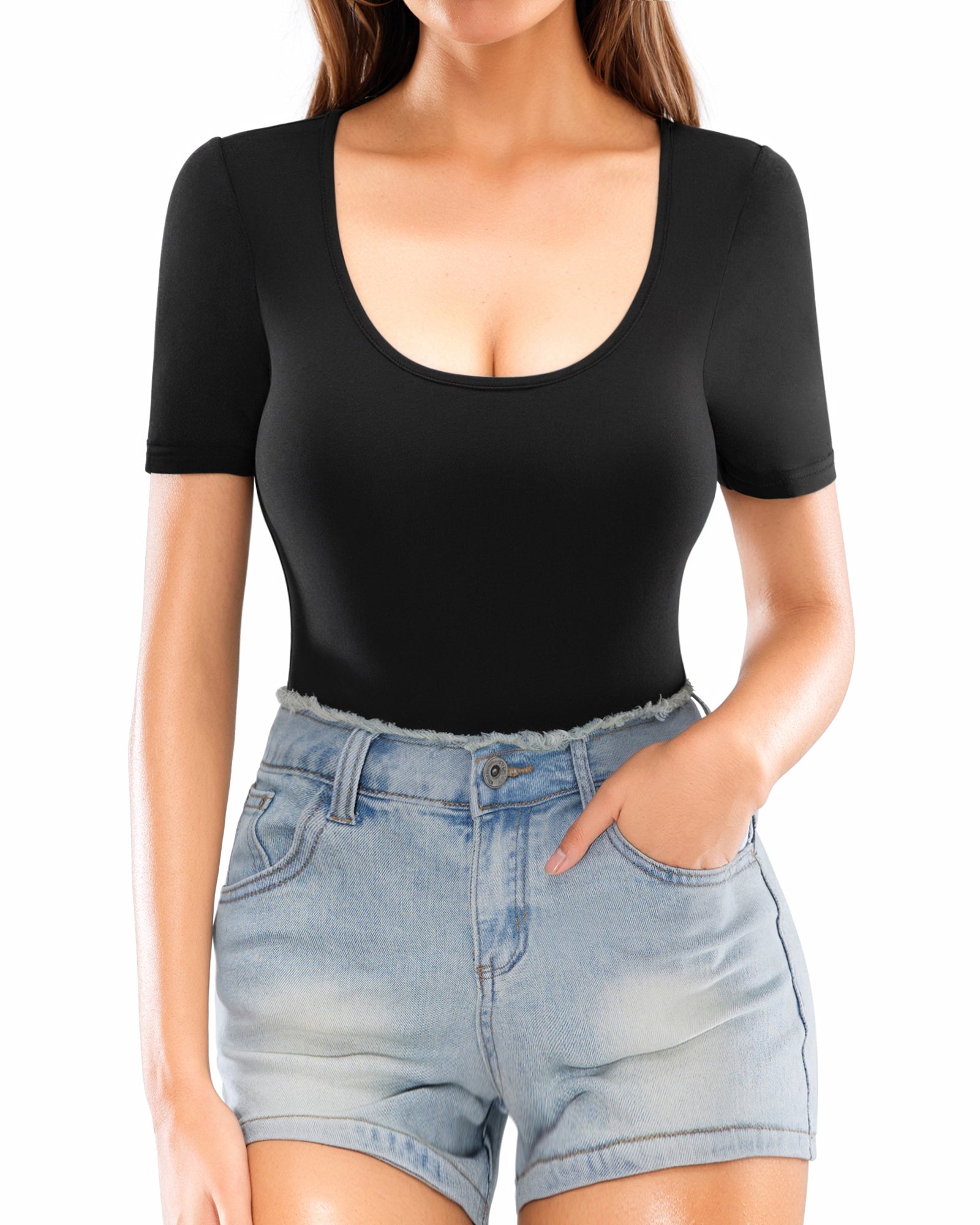 MANGOPOP Women's Summer Scoop Neck Short Sleeve Slim Fit Tunic T Shirt