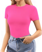 MANGOPOP Womens Short Sleeve Bodysuit Crew Neck Double Lined T-shirt Tops Second Skin Bodysuit Collection