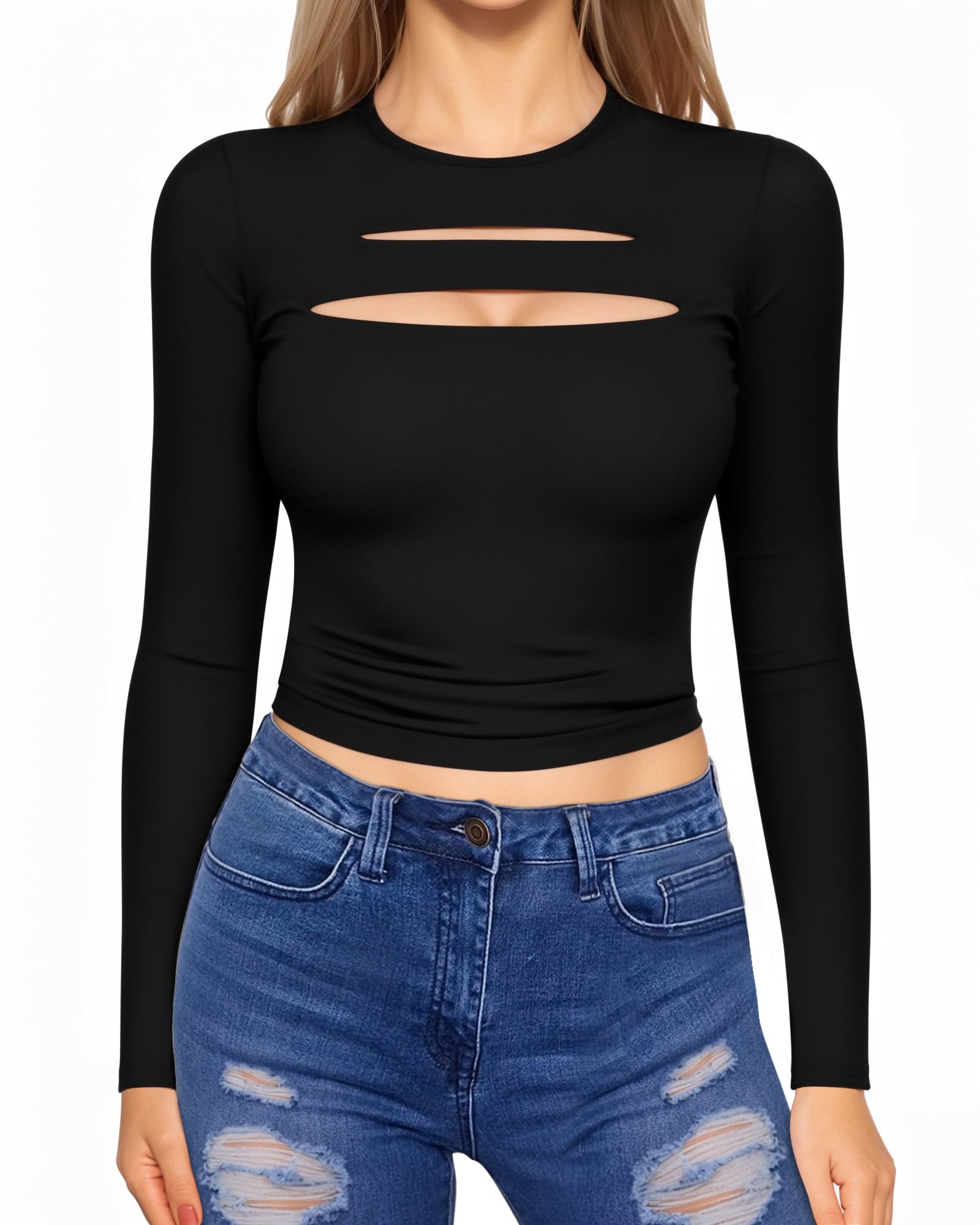 MANGOPOP Sexy Cut Out Front T Shirts Women's Long Sleeve Tops Crew Neck Ripped Casual Slim Fitted Going Out Tee